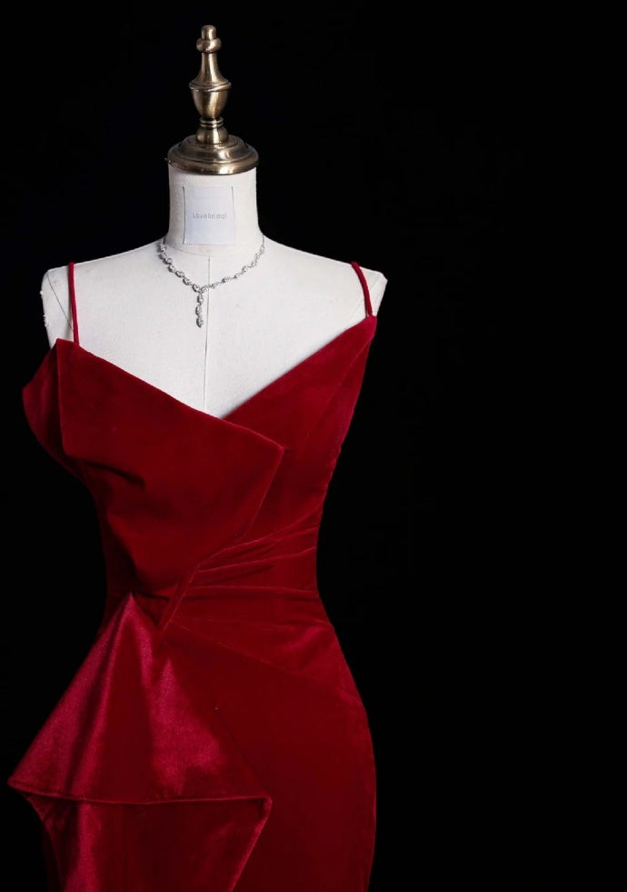 Chic Mermaid Burgundy Prom Dress Sapghetti Straps Velvet Evening Dress DP05072