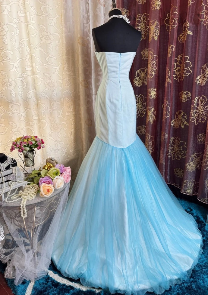 Chic Mermaid Blue Prom Dress Tulle Strapless Satin Sleeveless Evening Dress DP05078