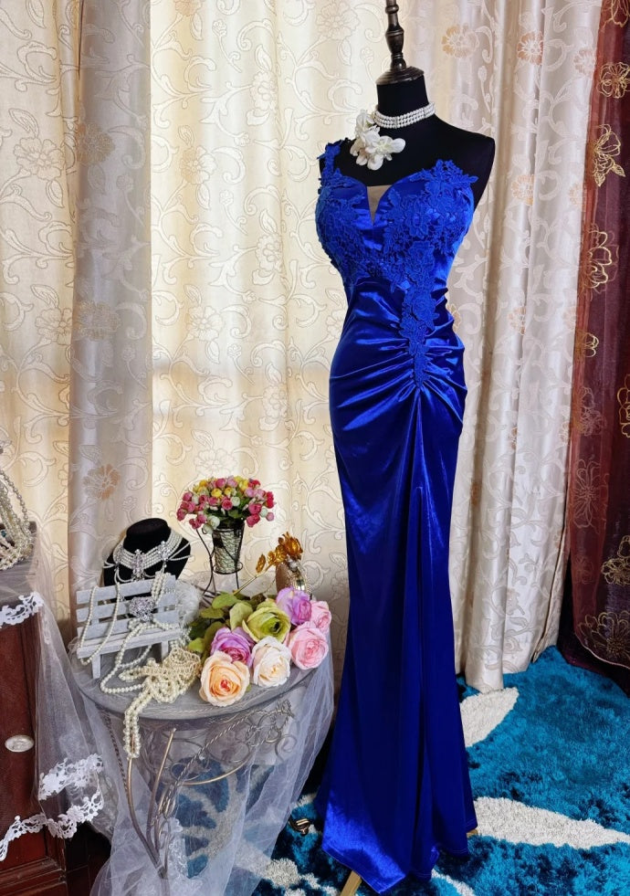 Chic Sheath Royal Blue Prom Dress Appliques Satin Sleeveless Evening Dress DP05079