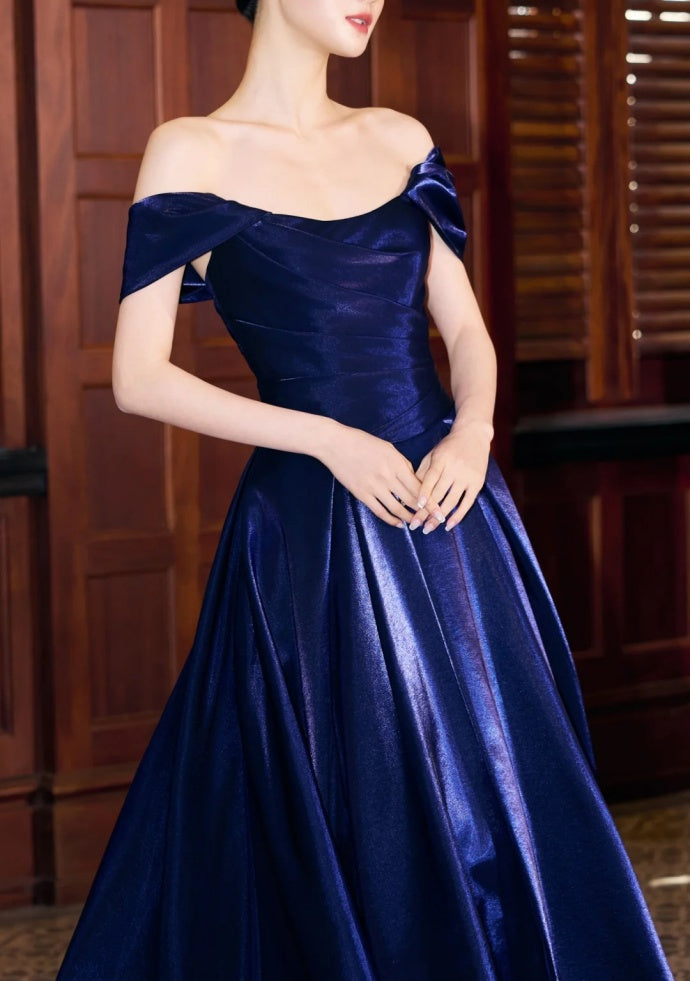 Fairy A-Line Navy Blue Prom Dress Satin Sleeveless Evening Dress DP05086