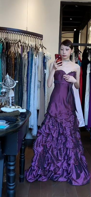 Vintage Purple Prom Dress Satin Strapless A-Line Evening Dress DP05131