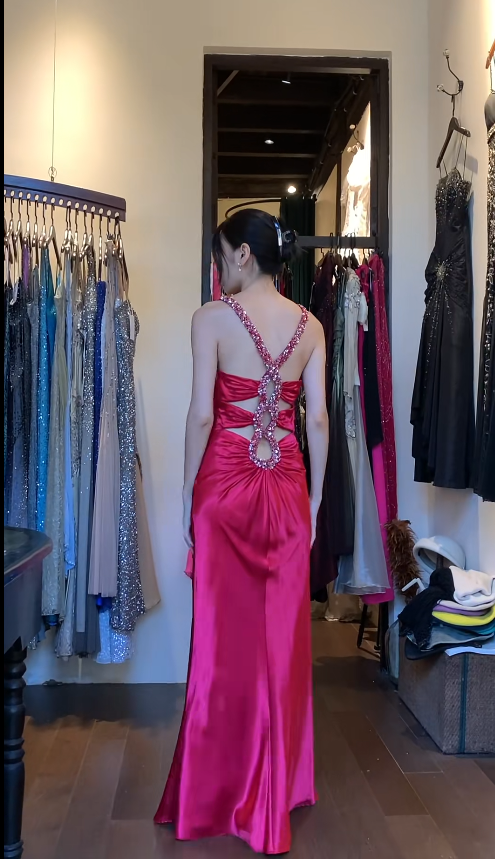 Vintage Hot Pink Prom Dress Satin V-neck Sheath Evening Dress DP05134