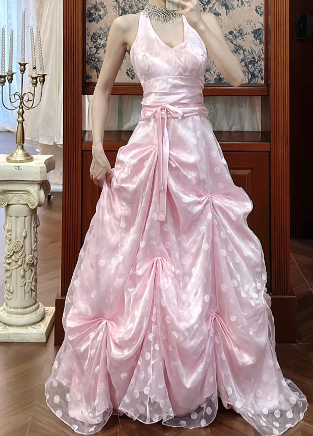 Chic Pink Prom Dress Halter Tulle Evening Dress A-Line Birthday Dress DP05176