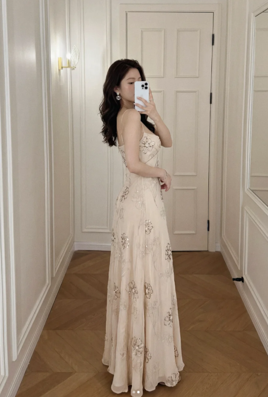 Chic Champagne Prom Dress Chiffon Beaded Evening Dress Sheath Birthday Dress DP05182