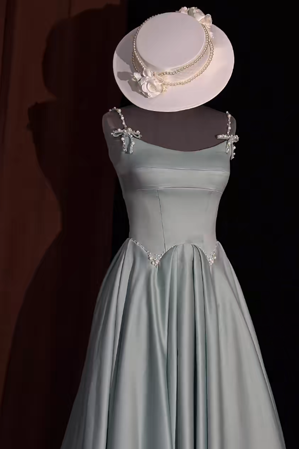 Chic Morandi Blue Prom Dress Satin Spaghetti Straps Evening Dress A-Line Birthday Dress DP05190
