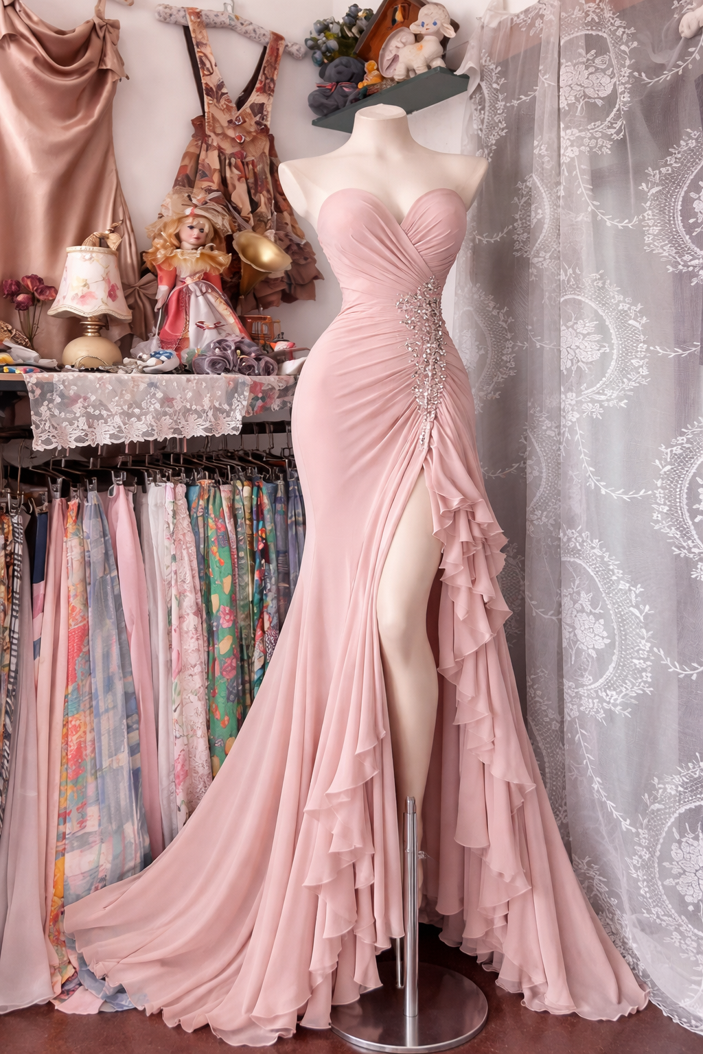 Chic Pink Prom Dress Chiffon Sheath Sweetheart Evening Dress with Slit DP05202