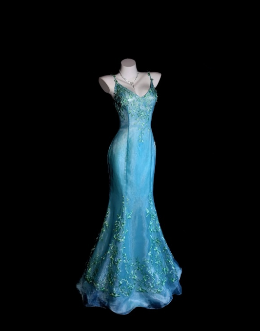 Elegantes blaues Ballkleid aus Satin, Meerjungfrauen-Schnitt, Spaghettiträger, ärmellos, Geburtstagskleid DP05218