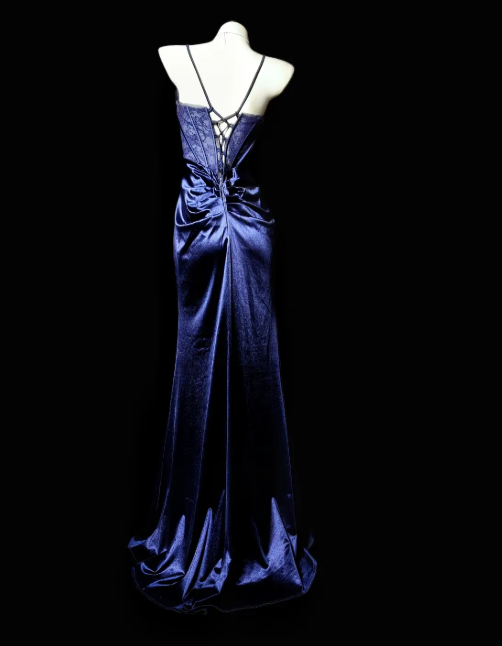 Elegantes marineblaues Ballkleid aus Satin mit Spaghettiträgern, ärmellos, auch als Geburtstagskleid geeignet (DP05247)