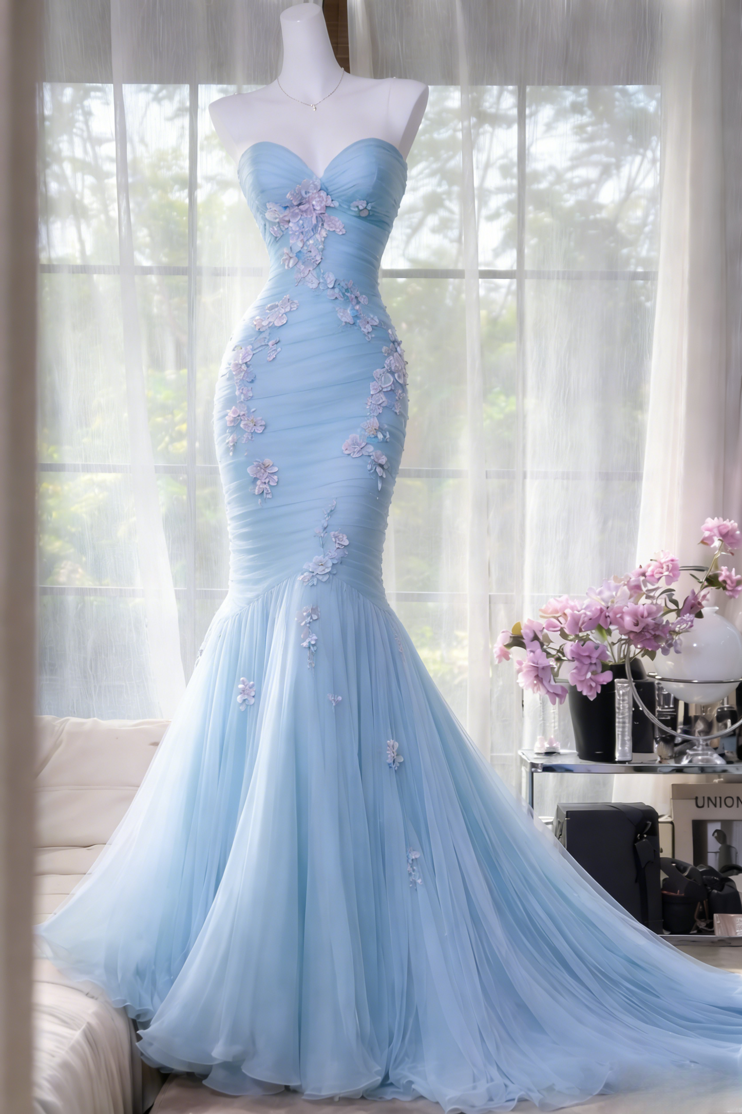 Elegant Blue Prom Dress Chiffon Sweetheart Mermaid Evening Sleeveless Birthday Dress DP05259