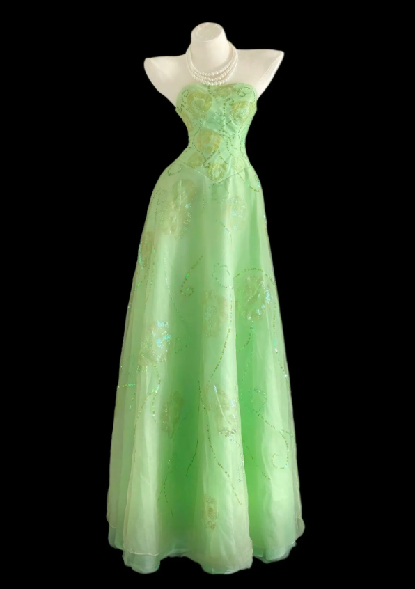 Robe de bal vert féerique en tulle perlé, coupe trapèze, sans bretelles, robe d'anniversaire DP05260