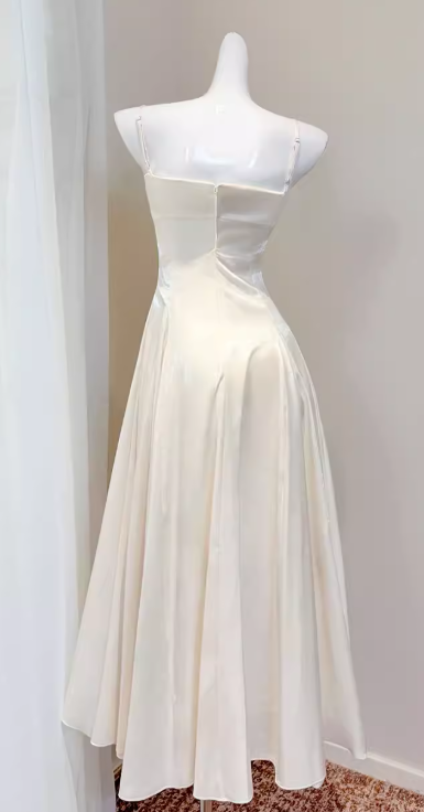 Chic White Prom Dress Satin Spaghetti Straps A-Line Long Evening Dress DP05265