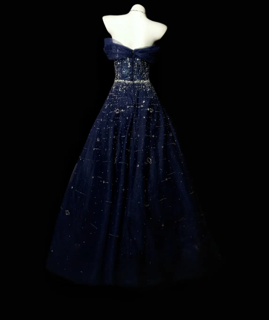 Chic Navy Blue Prom Dress Tulle Off-shoulder A-Line Long Evening Dress DP05267