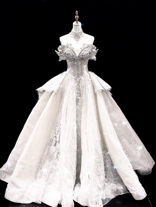 Timeless White Wedding Dress Off-shoulder A-Line Bridal Gown Tulle Bridal Dress DP05273