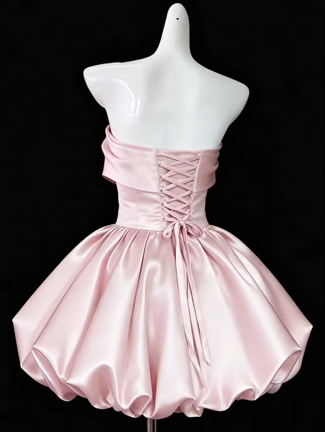 Elegantes rosafarbenes Ballkleid aus Satin, A-Linie, trägerlos, kurzes Partykleid DP05276