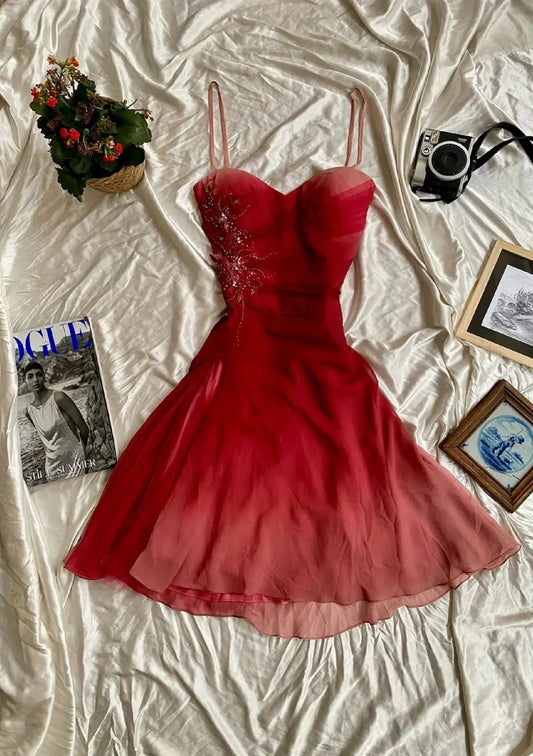 Elegantes rotes Ballkleid mit Spaghettiträgern, Chiffon, A-Linie, kurzes Geburtstagskleid DP05287