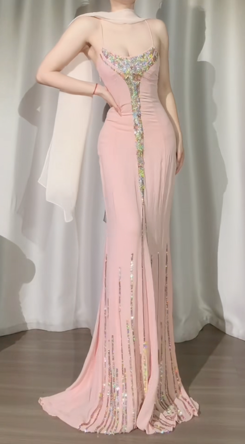 Chic Pink Prom Dress Spaghetti Straps Chiffon Sequins Sheath Long Evening Dress DP05289