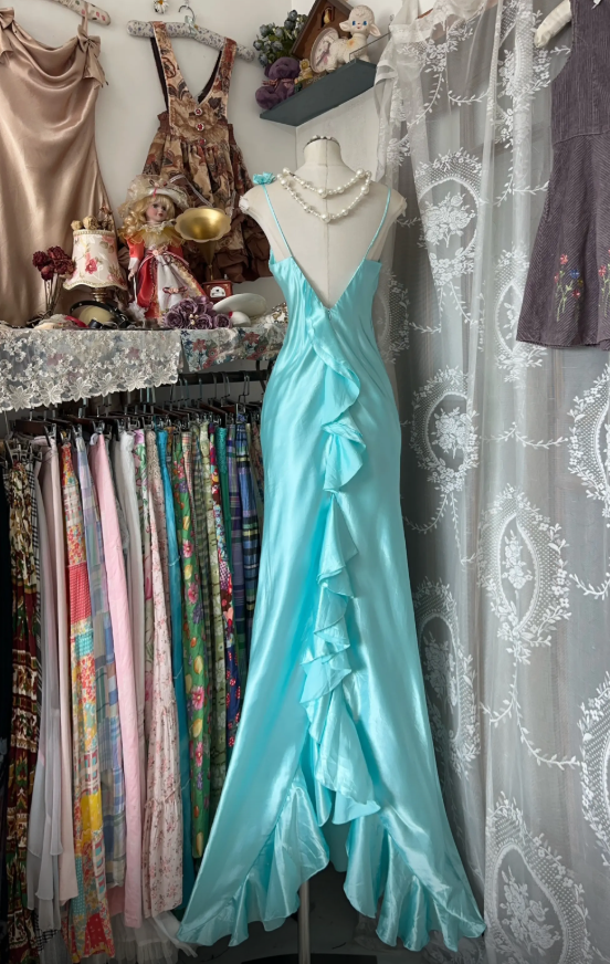 Chic Spaghetti Straps Sheath Long Evening Dress Satin Blue Prom Dress DP05294