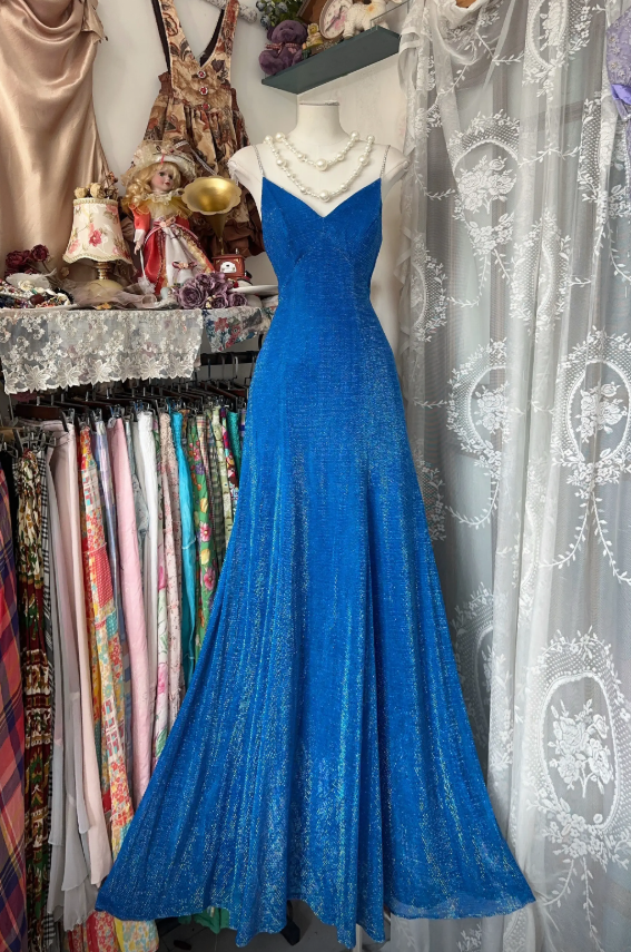 Chic Spaghetti Straps Sheath Long Evening Dress Glitter Blue Prom Dress DP05297