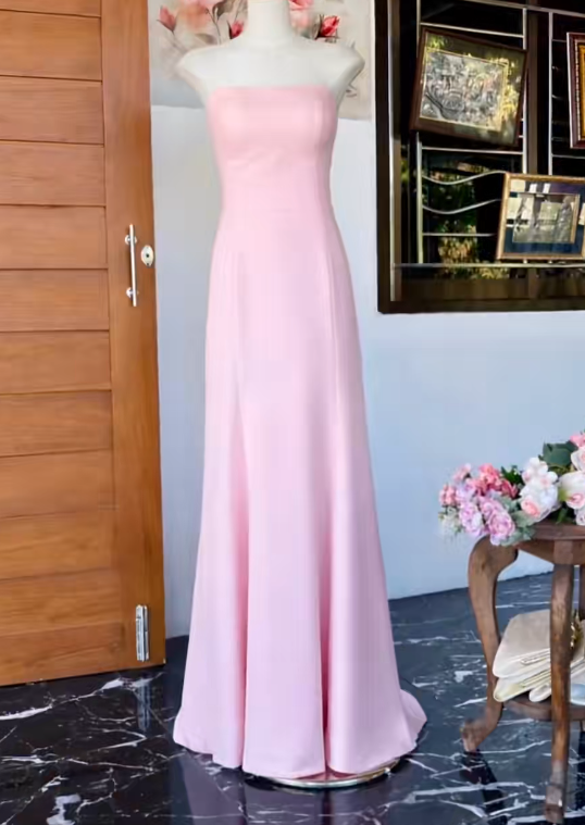 Chic Pink Prom Dress Sheath Strapless Satin Evening Dress DP05315