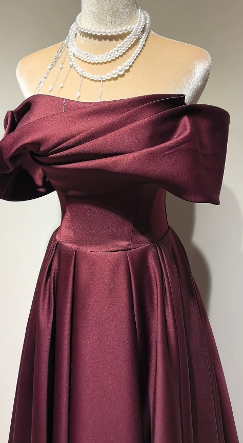 Chic Burgundy Prom Dress A-line Off-shoulder Satin Long Evening Dress DP05317