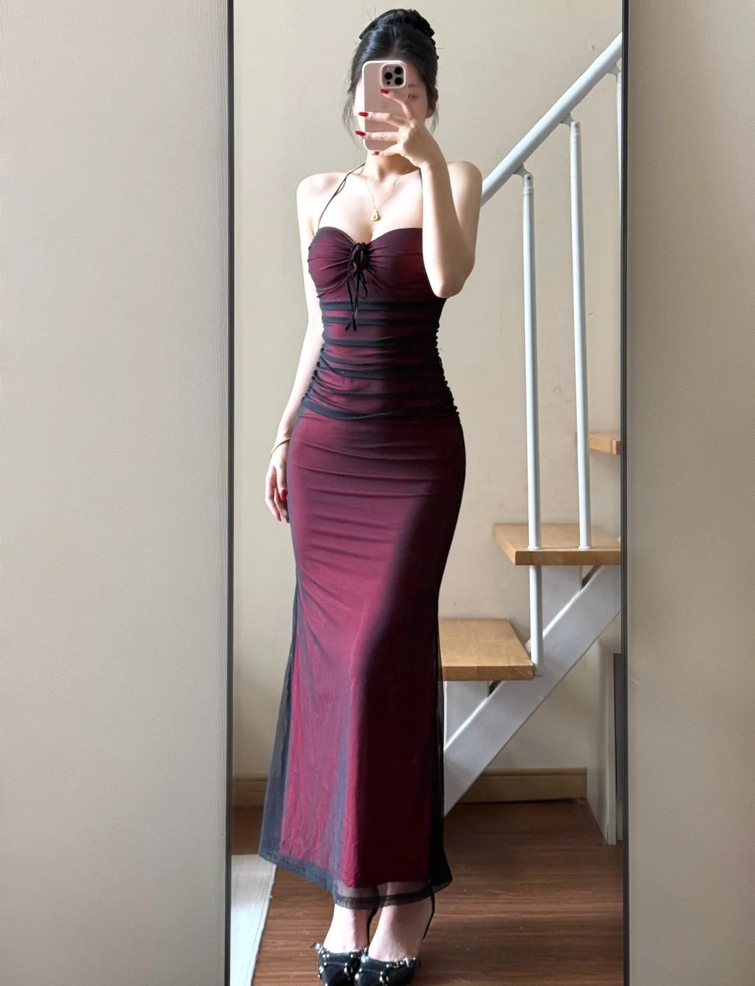 Sexy Etui Langes Abendkleid Spaghettiträger Tüll Partykleid Rotes Ballkleid DP05337