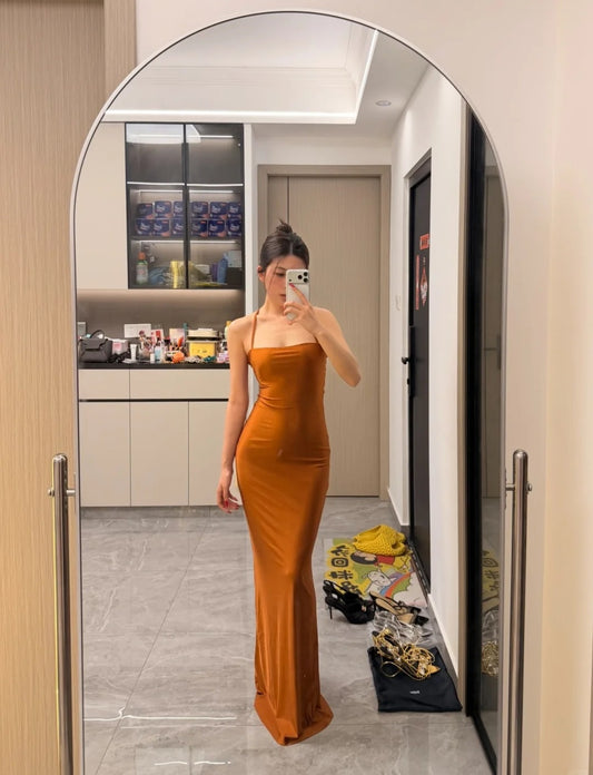 Elegantes Scheiden-Abendkleid mit Spaghettiträgern aus Satin, ärmellos, für Partys und als Gastkleid DP05338