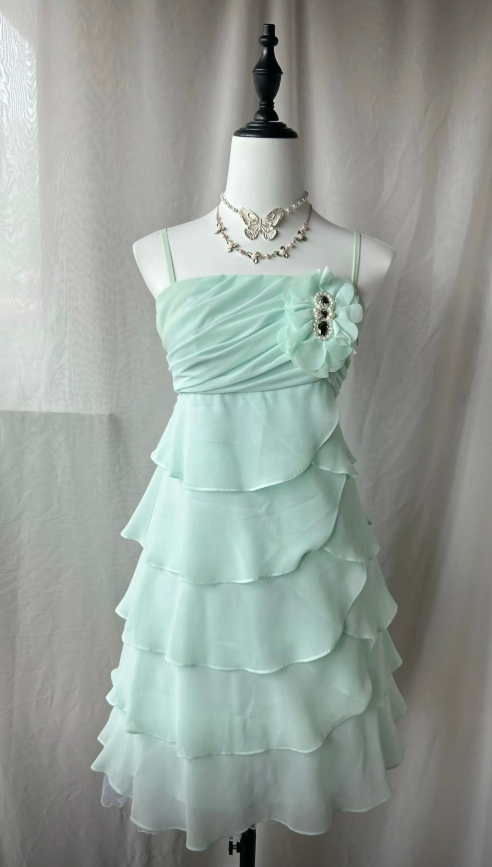 Chic Mint Green Short Prom Dress Sheath Spaghetti Straps Birthday Dress Chiffon Party Dress DP05365