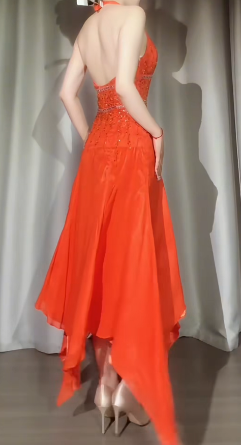 Chic Orange Prom Dress A-Line Halter Beaded Chiffon Long Evening Dress DP05368