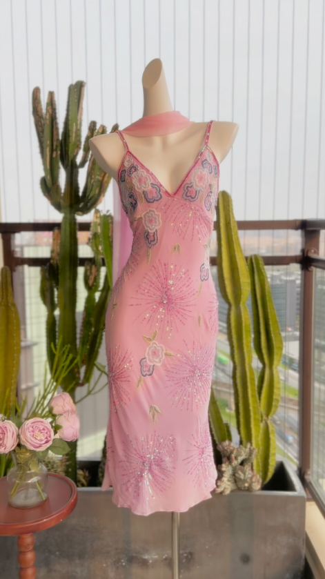Vintage Pink Wedding Guest Dress Spaghetti Straps Sheath Chiffon Beaded Short Evening Dress DP05391