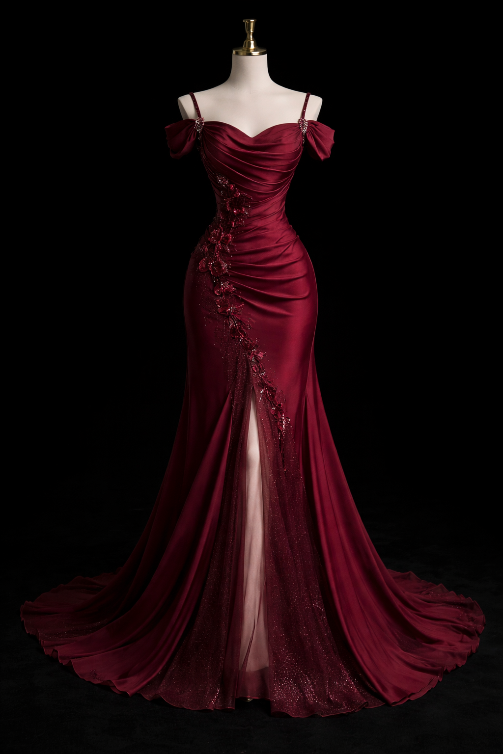 Classy Burgundy Prom Dress Spaghetti Straps Sheath Satin Long Evening Dress DP05407