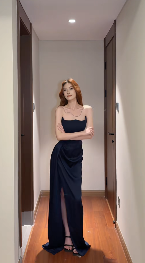 Sexy Navy Blue Prom Dress Strapless Formal Dress Sheath Satin Long Evening Dress with Slit DP05412