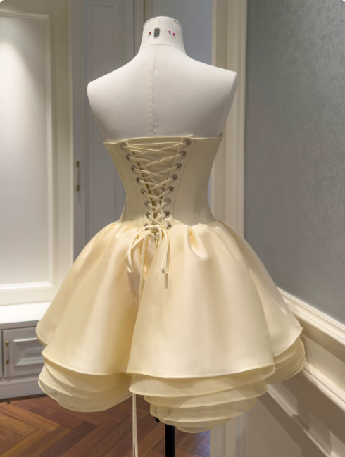 Chic Yellow Cocktail Dress Strapless A-Line Graduation Party Dress Satin Birthday Dress DP05419