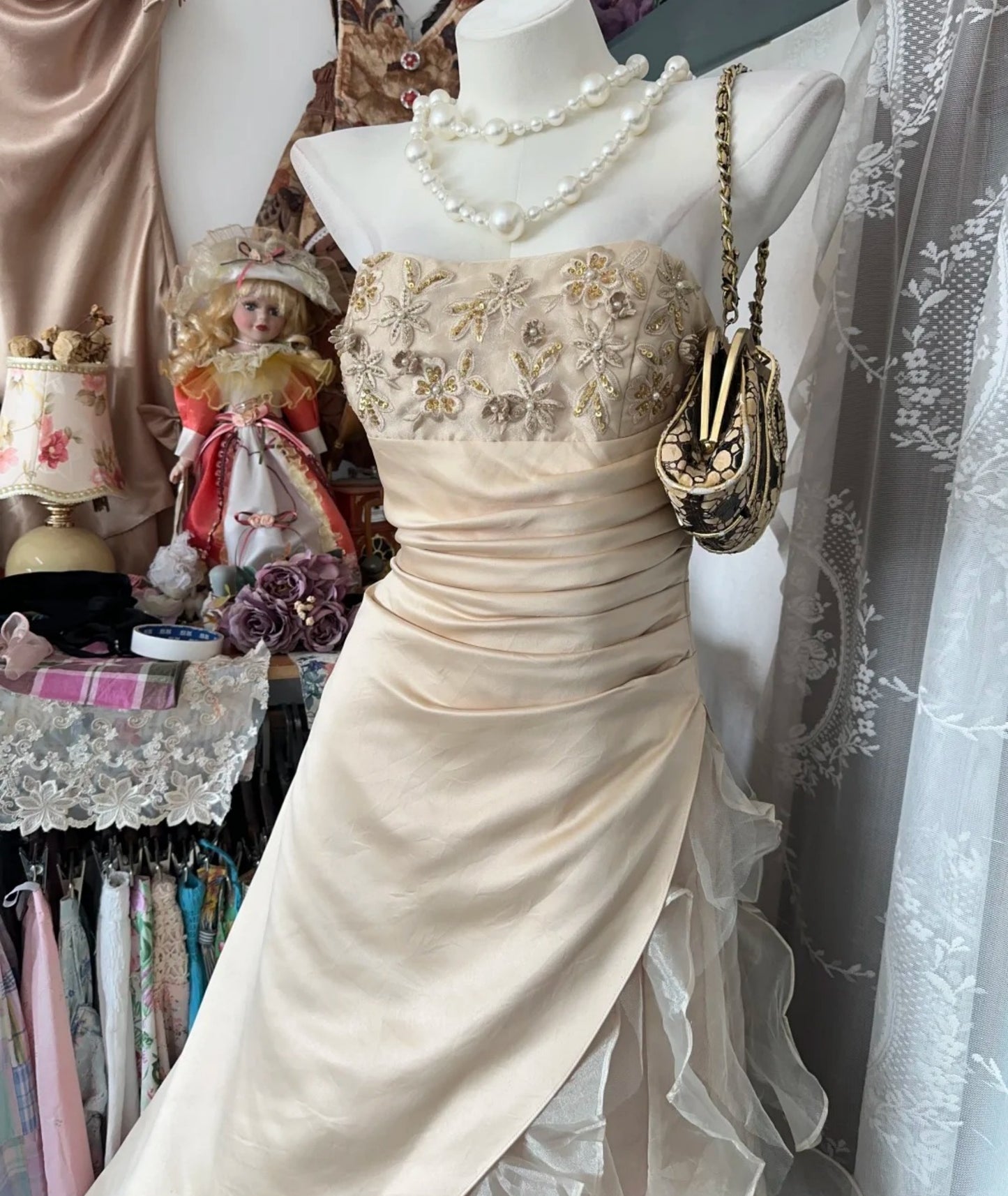Fairy Light Gold Prom Dress Strapless A-Line Tulle Long Evening Dress DP05428