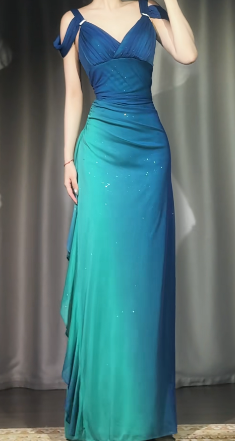 Fairy Teal Prom Dress Off-shoulder Sheath Chiffon Long Evening Dress DP05436