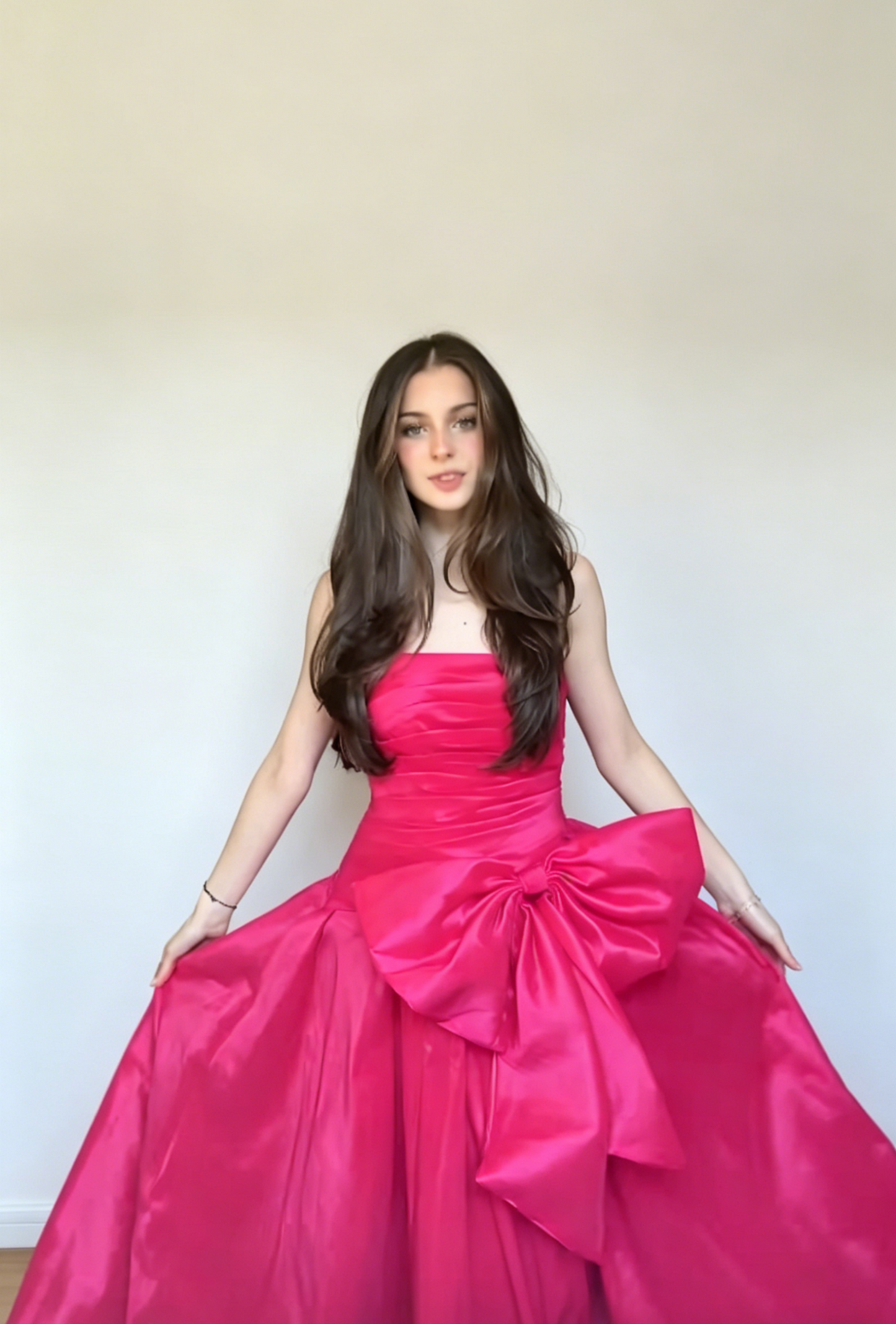 Robe de bal bustier rose vif coupe trapèze en satin, robe de soirée longue féérique DP05438