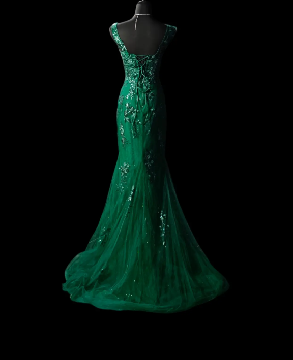 Chic Green Prom Dress Straps Mermaid Tulle Appliques Long Evening Dress DP05441