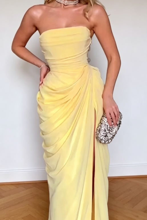 Elegantes gelbes trägerloses Etuikleid aus Chiffon für Hochzeitsgäste, langes Abendkleid DP05443