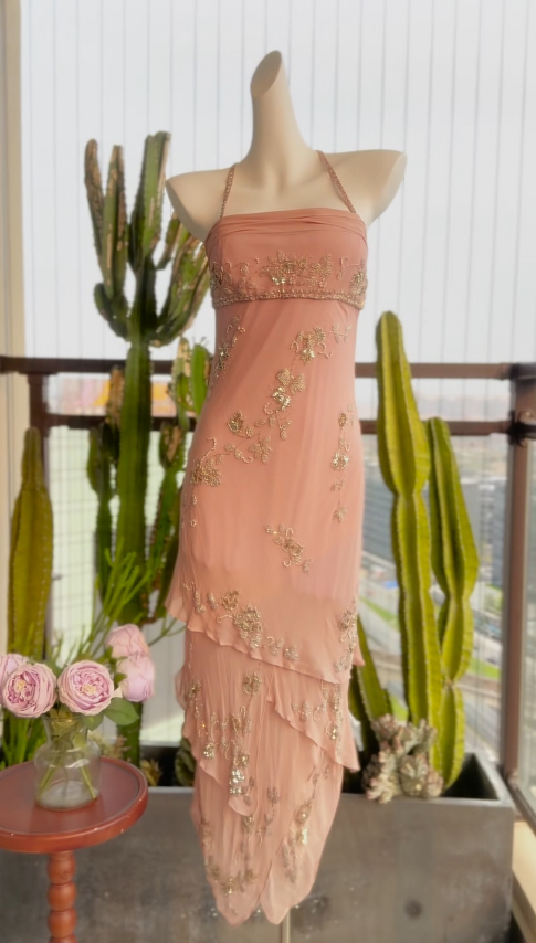 Chic Light Coral Prom Dress Strapless Sheath Chiffon Beaded Long Evening Dress DP05444