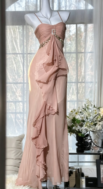 Chic Yellow Wedding Guest Dress Spaghetti Straps Sheath Chiffon Long Evening Dress DP05445