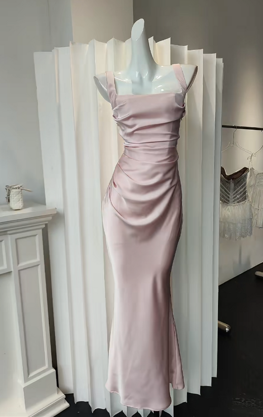 Chic Spaghetti Straps Sheath Long Evening Dress Pink Prom Dress Satin Formal Dress DP05474