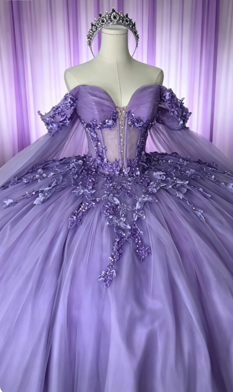 Chic Off-shoulder Ball Gown Quinceanera Dress Purple Prom Dress Tulle Rhinstones Purple Sweet 16 Dress DP05477