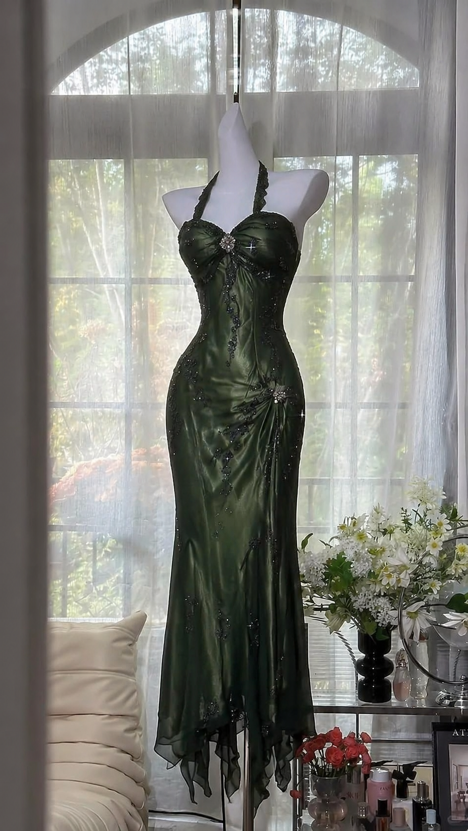 Elegant Halter Sheath Chiffon Long Evening Dress Dark Green Prom Dress DP05478