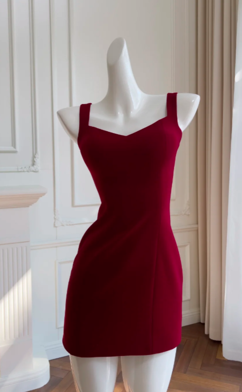 Chic Burgundy Short Prom Dress Sheath Satin Birthday Dress Straps Cocktail Dress DP05489