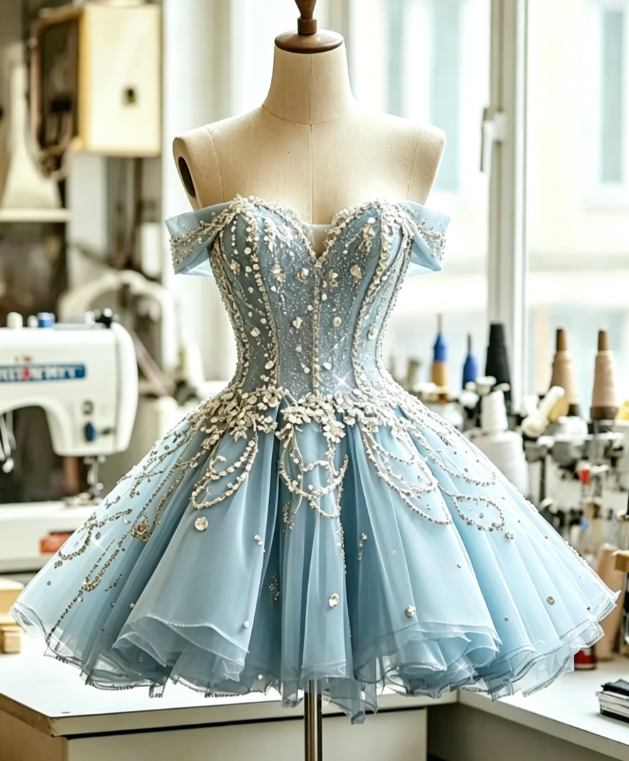 Chic Blue Short Prom Dress A-Line Beaded Tulle Birthday Dress Off-shoulder Cocktail Dress DP05491
