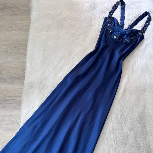 Elegant Blue Prom Dress Halter Sheath Satin Long Evening Dress DP05500