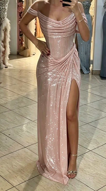 Elegant Off-shoulder Sheath Sequins Long Evening Dress Olive Green Prom Dress with Slit DP05505