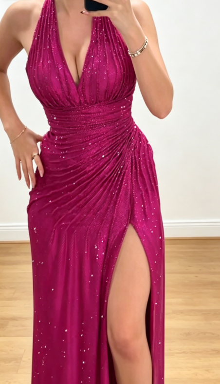 Elegantes Neckholder-Etui-Chiffon-Abendkleid Fuchsie Ballkleid DP05511