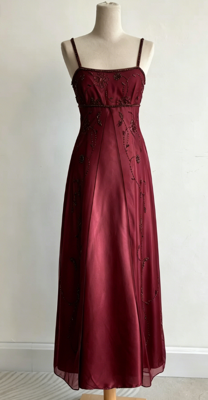 Elegant Spaghetti Straps A-Line Satin Long Evening Dress Burgundy Prom Dress DP05512