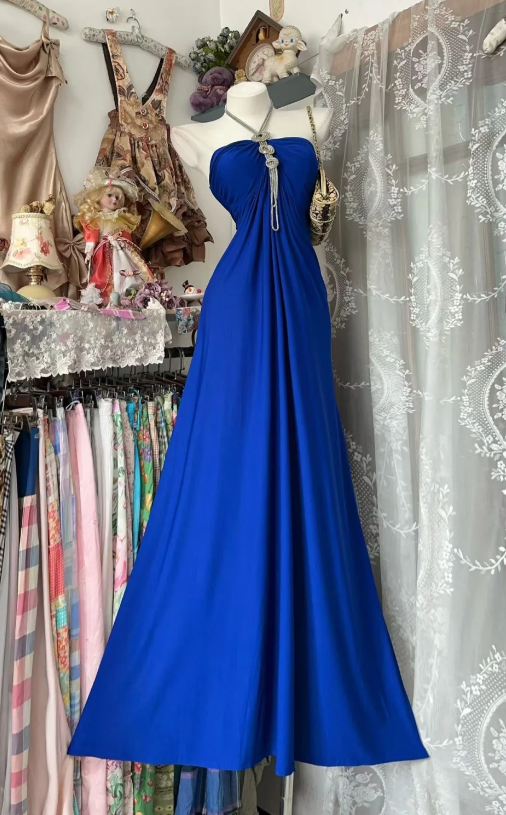 Elegant Halter Sheath Satin Long Evening Dress Blue Prom Dress DP05515