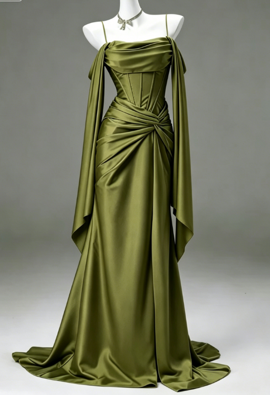 Elegant Spaghetti Straps Sheath Satin Long Evening Dress Dark Green Prom Dress DP05518